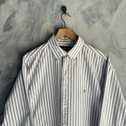 Camisa De Botones Polo Ralph Lauren Oxford De Hombre Talla XL Color Blanco Con Gris De Rayas