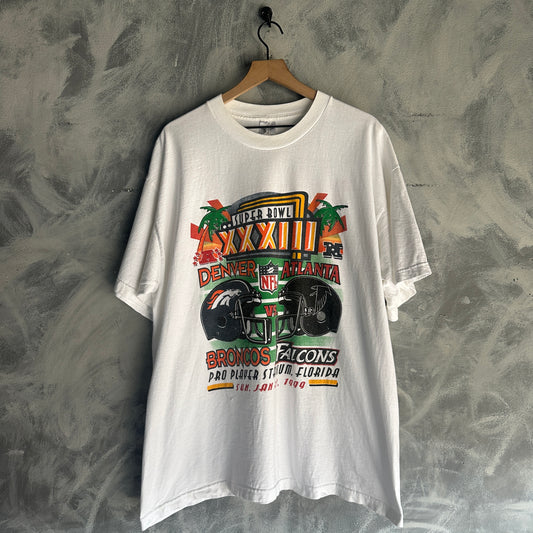 Camisa Vintage De Denver Broncos vs Atlanta Falcons Super Bowl De Hombre Talla 2XL Color Blanco