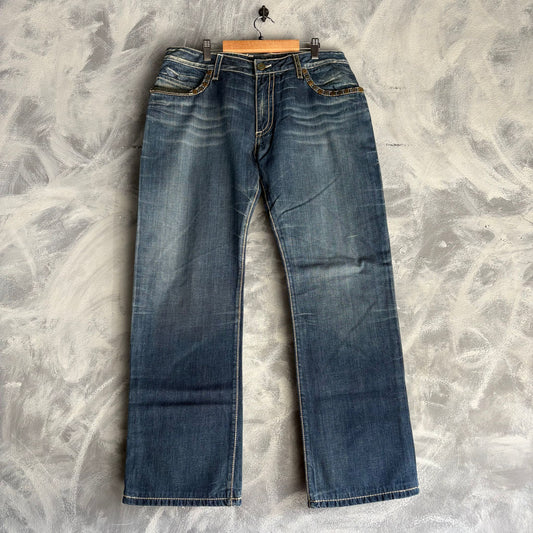 Pantalon Vintage Robin's Jeans Para Hombre Talla 36x30 Mezclilla Color Azul Deslavado Detalles de Piel Corte Recto